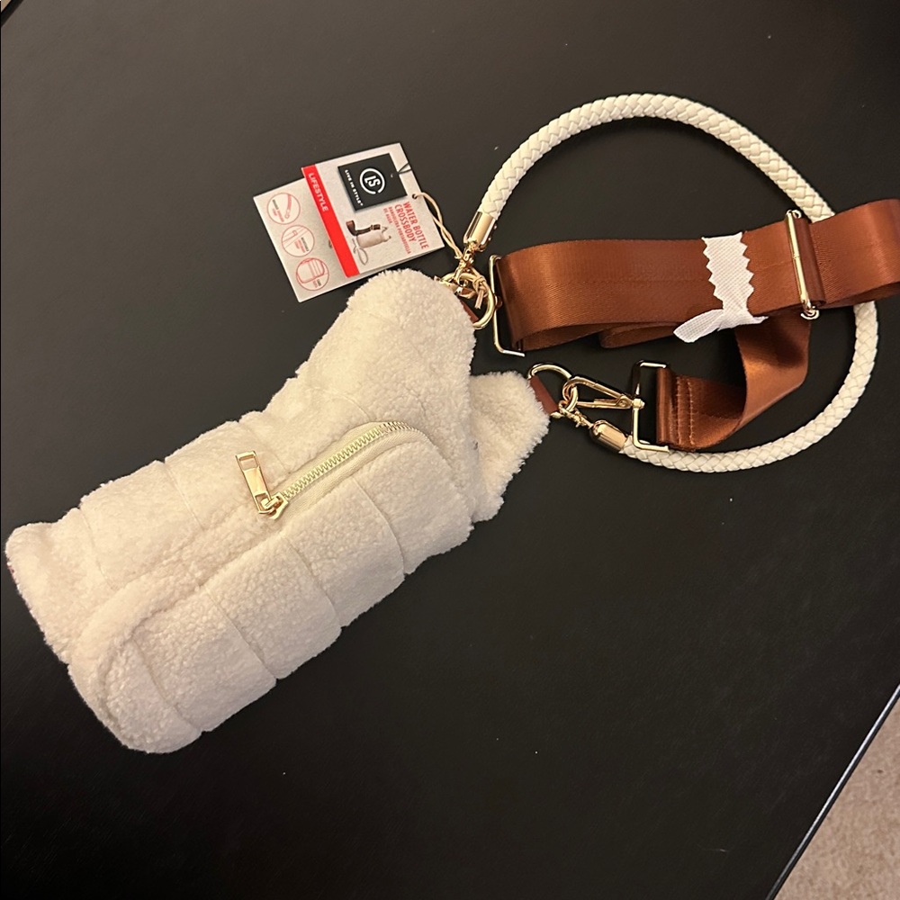 White fuzzy Crossbody Bottle Bag with Braided Strap & longer strap